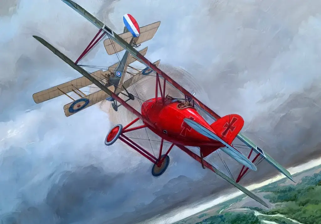 een schilderij van een rode tweedekker die in de lucht vliegt