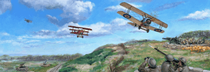 a painting of a plane flying over a hill