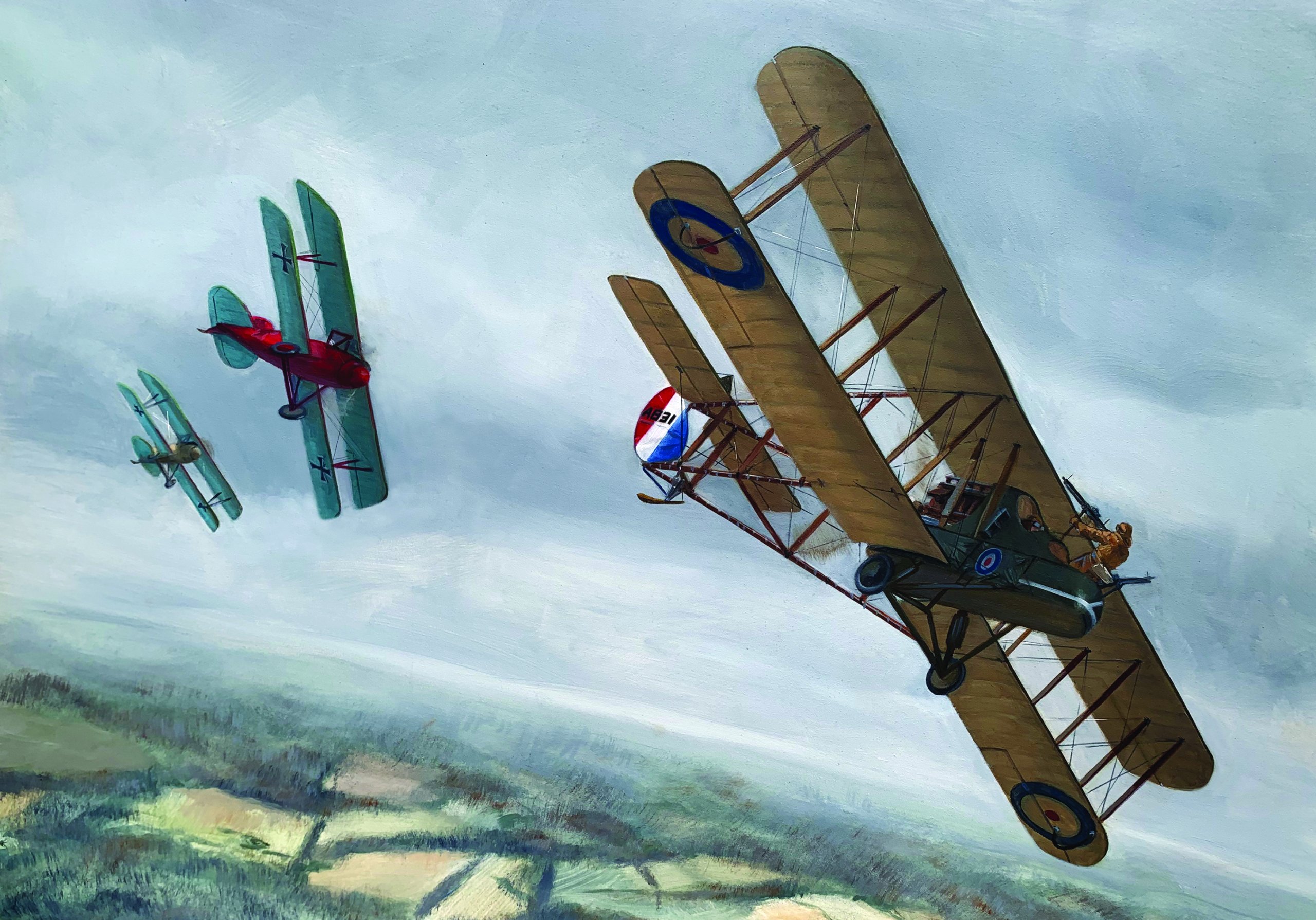 a painting of two airplanes flying in the sky