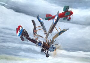 a painting of airplanes flying in the sky