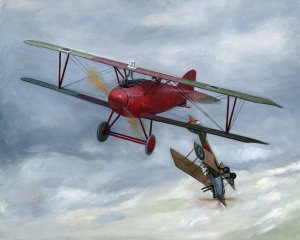 a painting of a biplane flying in the sky
